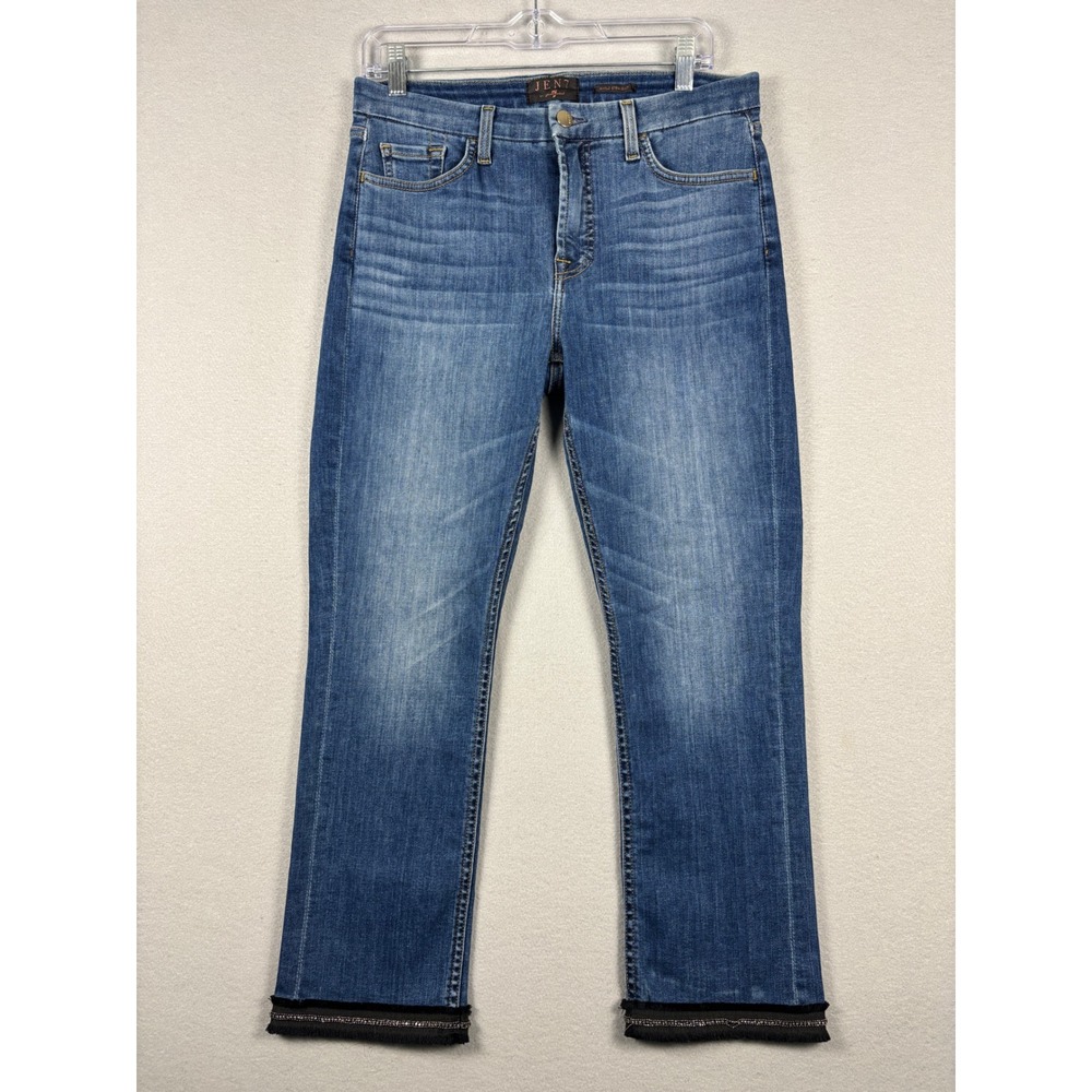 JEN7 by 7 For All Mankind Ankle Straight Jeans Embellished Hem 10 Blue Denim